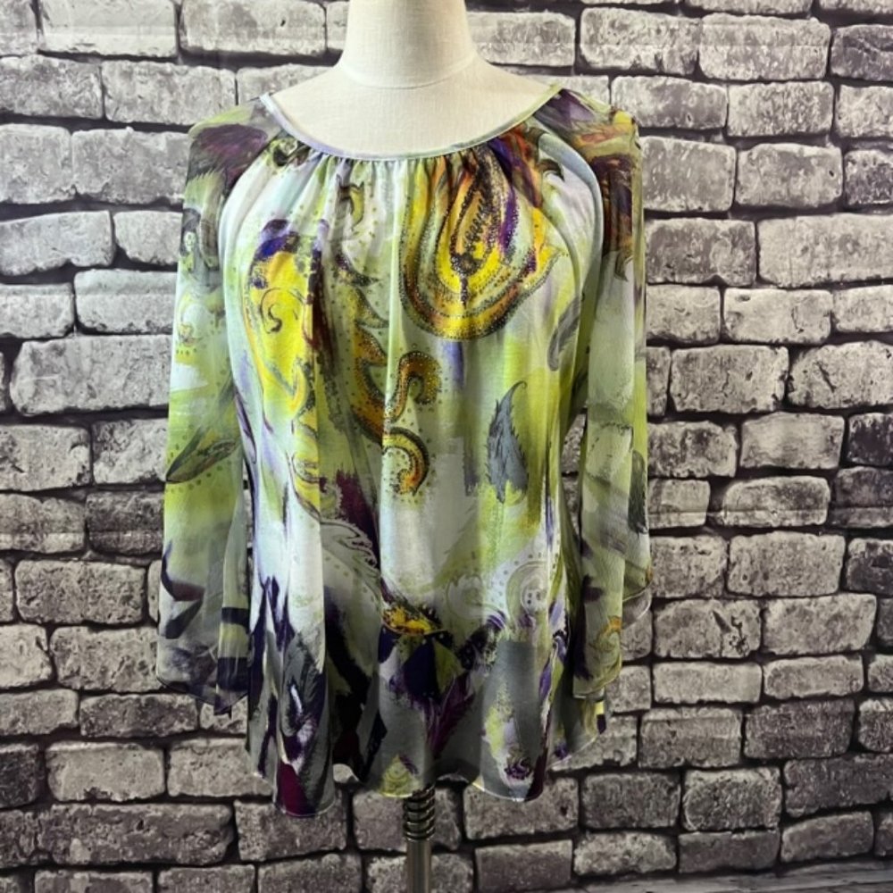 Chico's Size Large Multicolored Blouse W/ Bell Shaped Sleeves